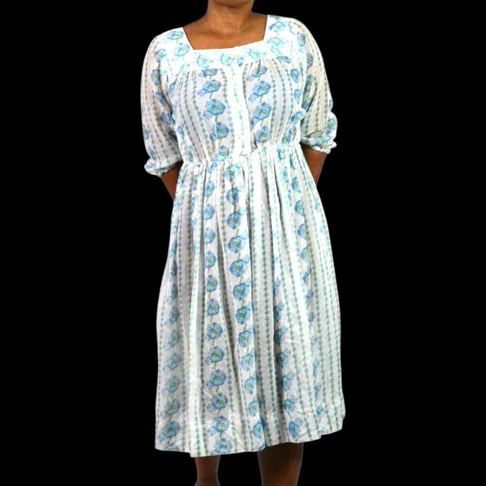 Vintage Serbin Muriel Ryan Dress White Floral Square Neck Blue Midi Sheer Small